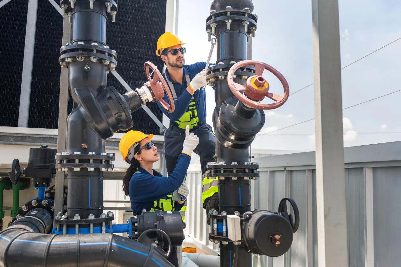 Tecnici regolano valvole industriali in impianto idrico