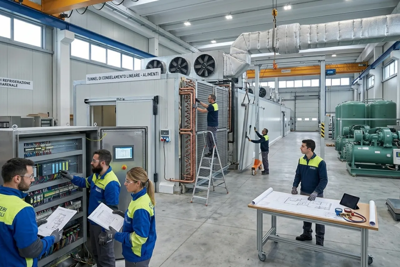 Tecnici manutengono tunnel di congelamento alimentare industriale