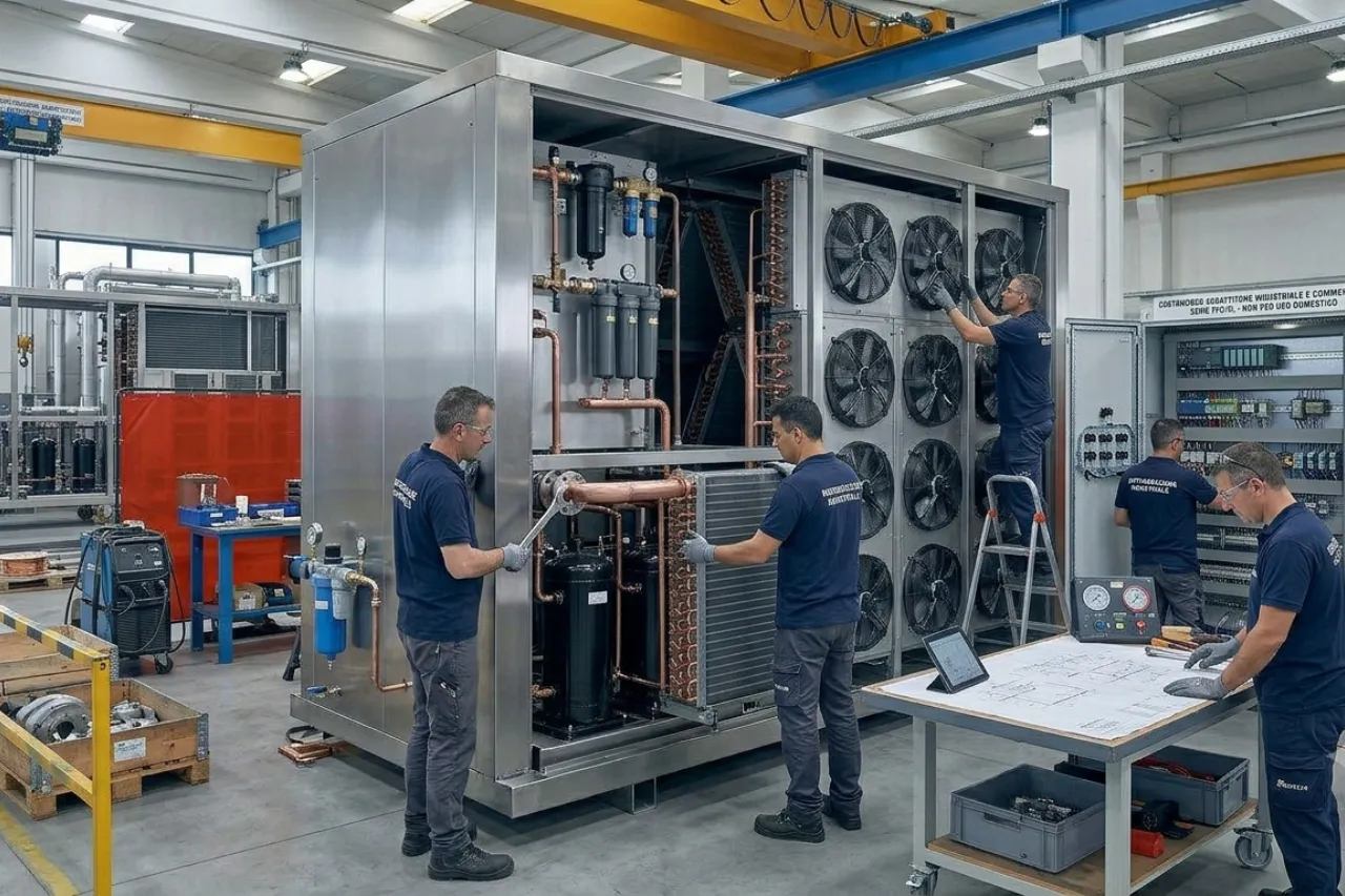 Tecnici assemblano grande unità HVAC industriale