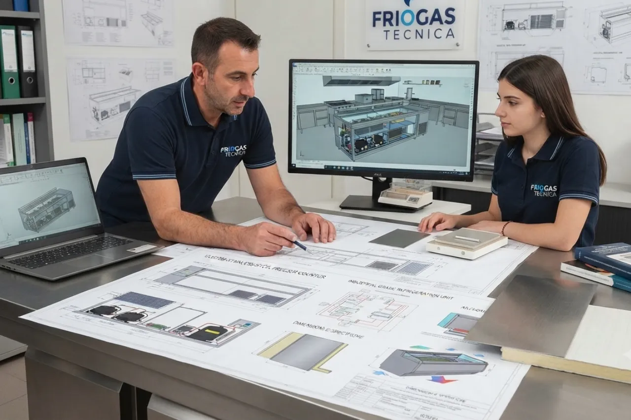 Tecnici analizzano progetto tecnico su tavolo e monitor