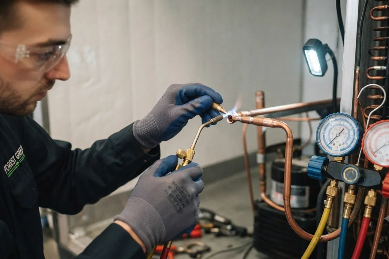 Tecnico salda tubo in rame con cannello