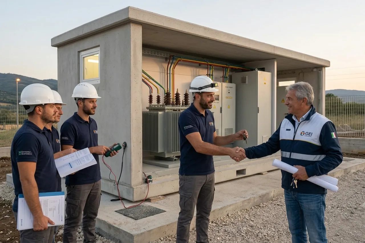 Tecnici davanti cabina elettrica durante stretta di mano