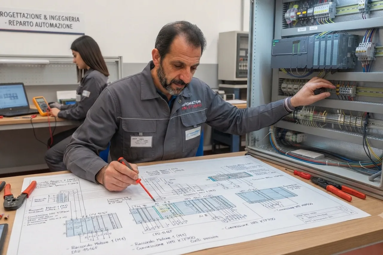 Tecnico analizza schema elettrico in laboratorio automazione