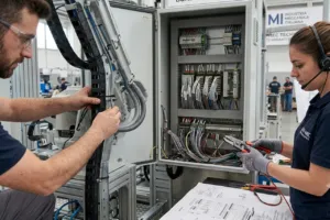 Tecnici al lavoro su quadro elettrico industriale