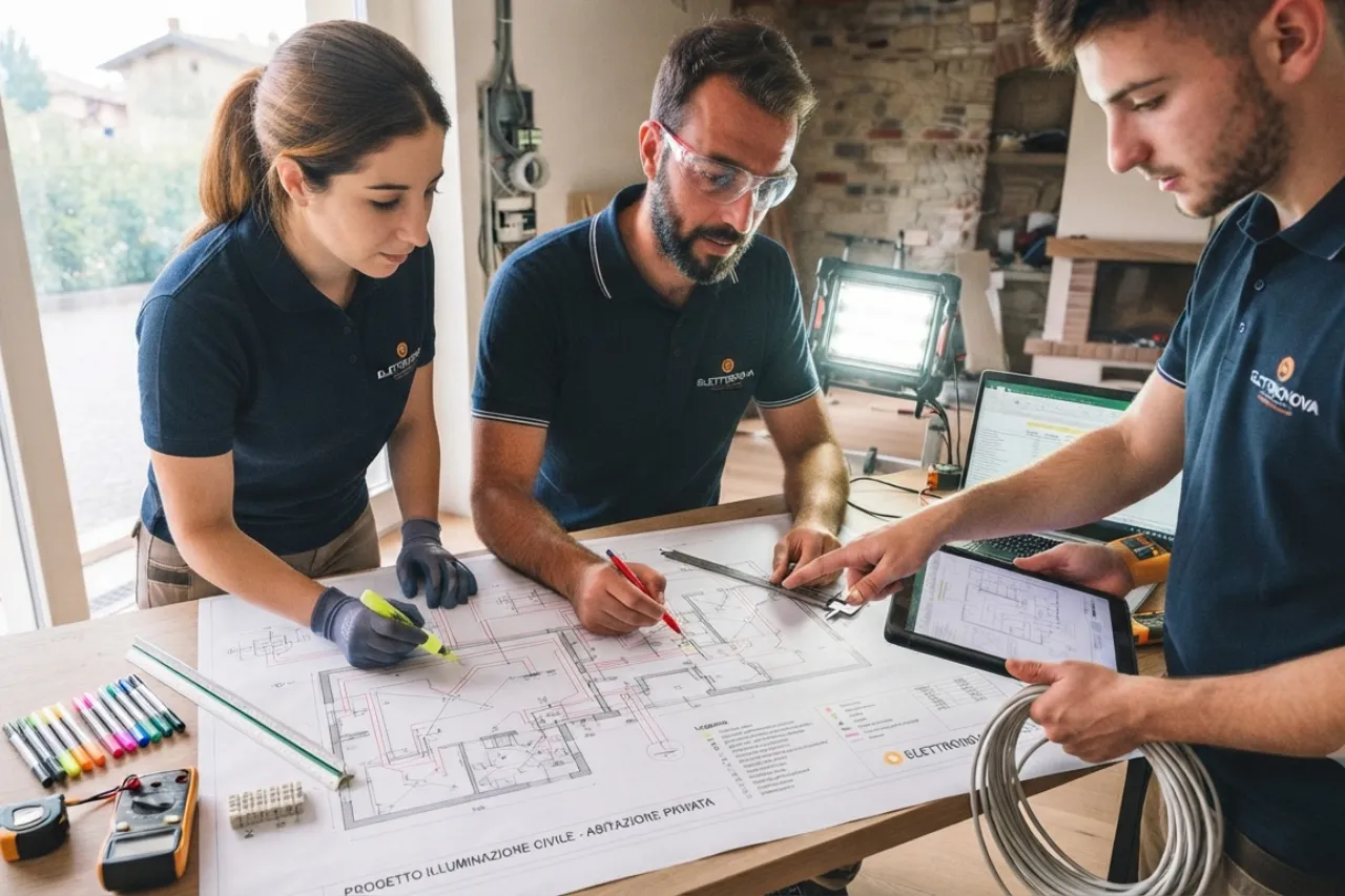 Tecnici esaminano progetto elettrico su tavolo