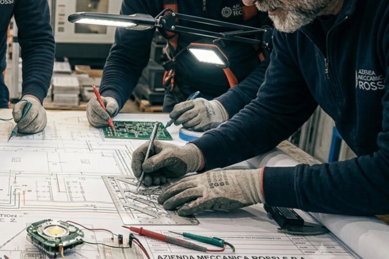 Tecnici analizzano schemi elettronici su banco lavoro