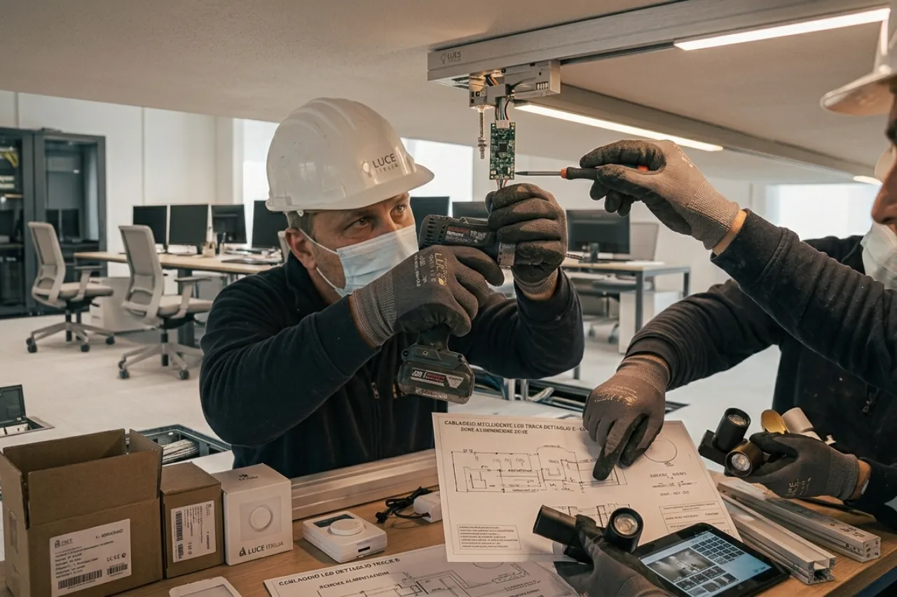 Tecnici installano illuminazione LED in ufficio moderno