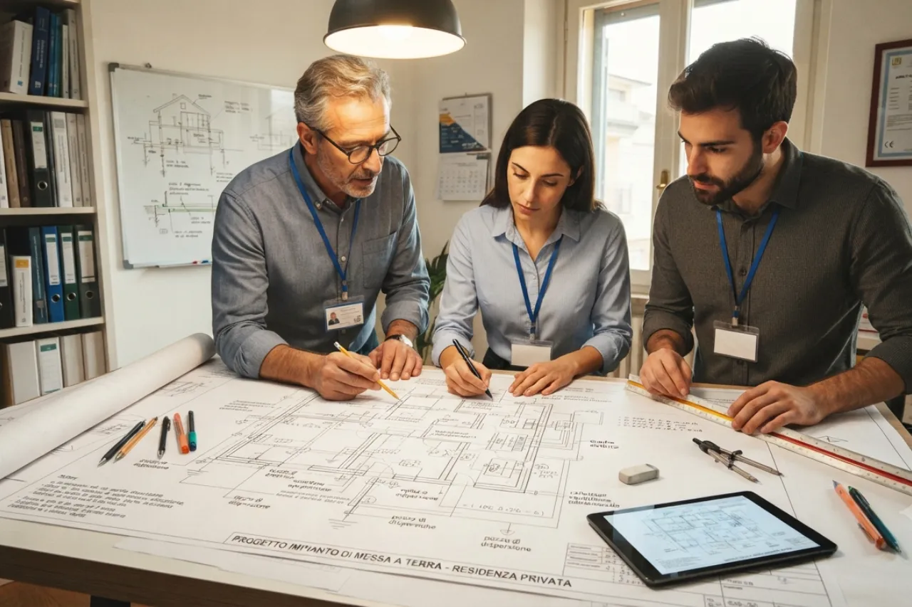 Team di architetti analizza planimetria in ufficio