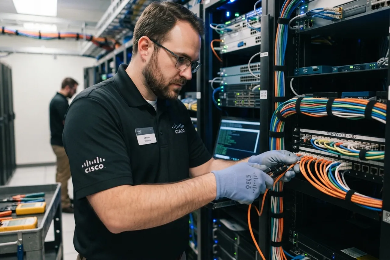 Tecnico Cisco configura cavi in rack server