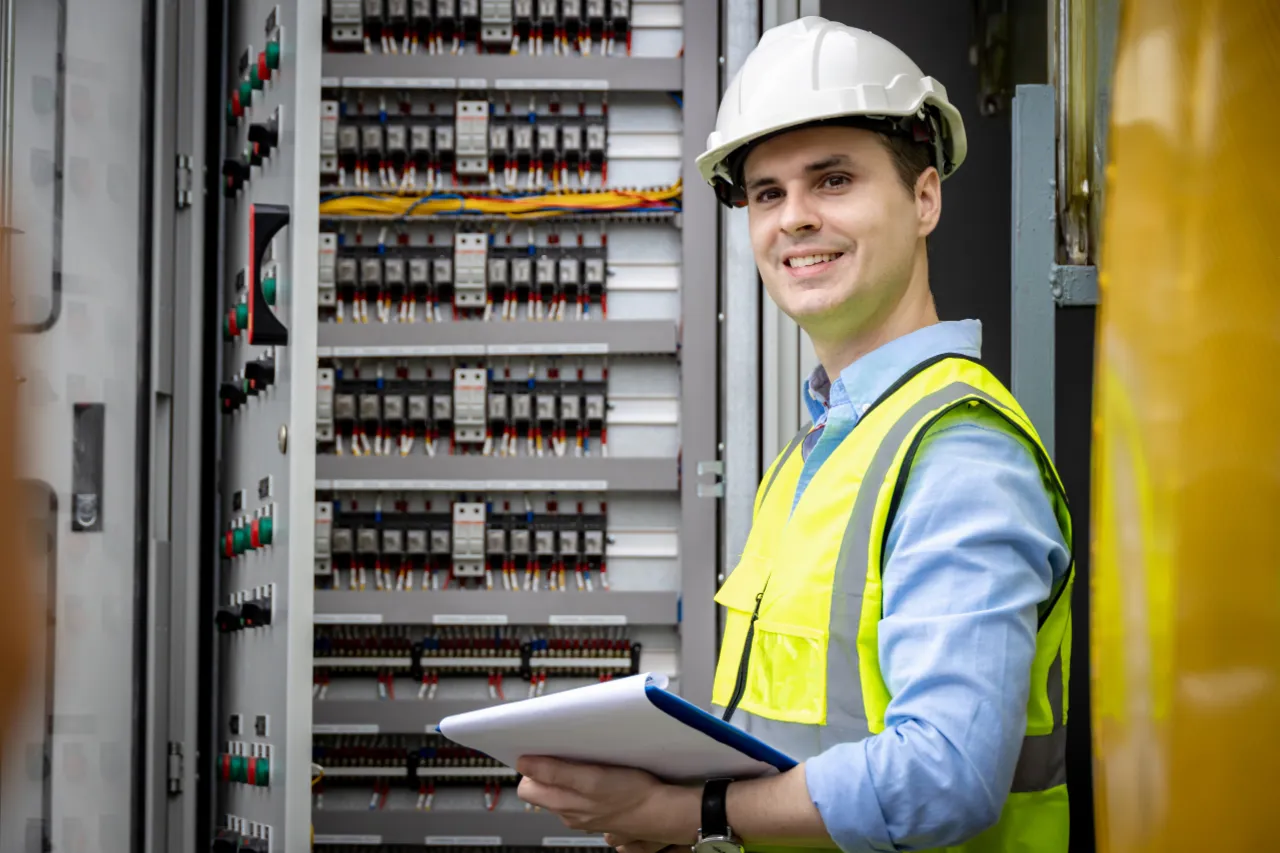 Tecnico controlla un quadro elettrico industriale con tablet