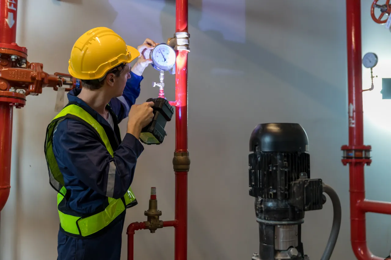 Tecnico controlla il manometro di un impianto antincendio