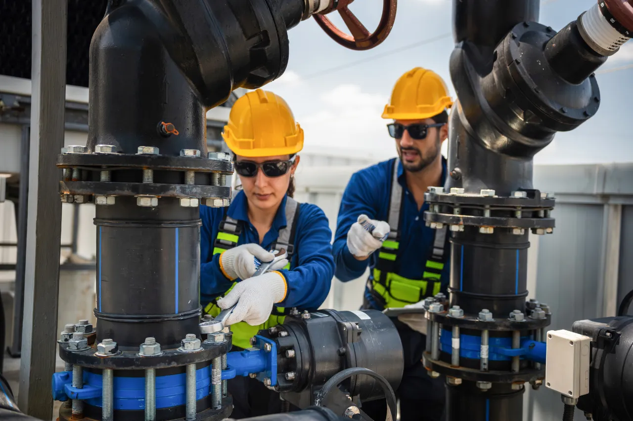 Tecnici ispezionano tubazioni industriali con dispositivi di sicurezza