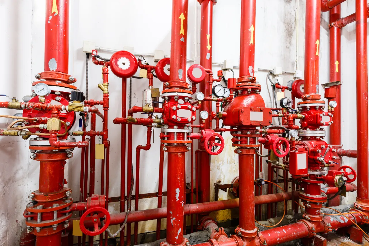 Impianto antincendio con tubazioni rosse, valvole e manometri