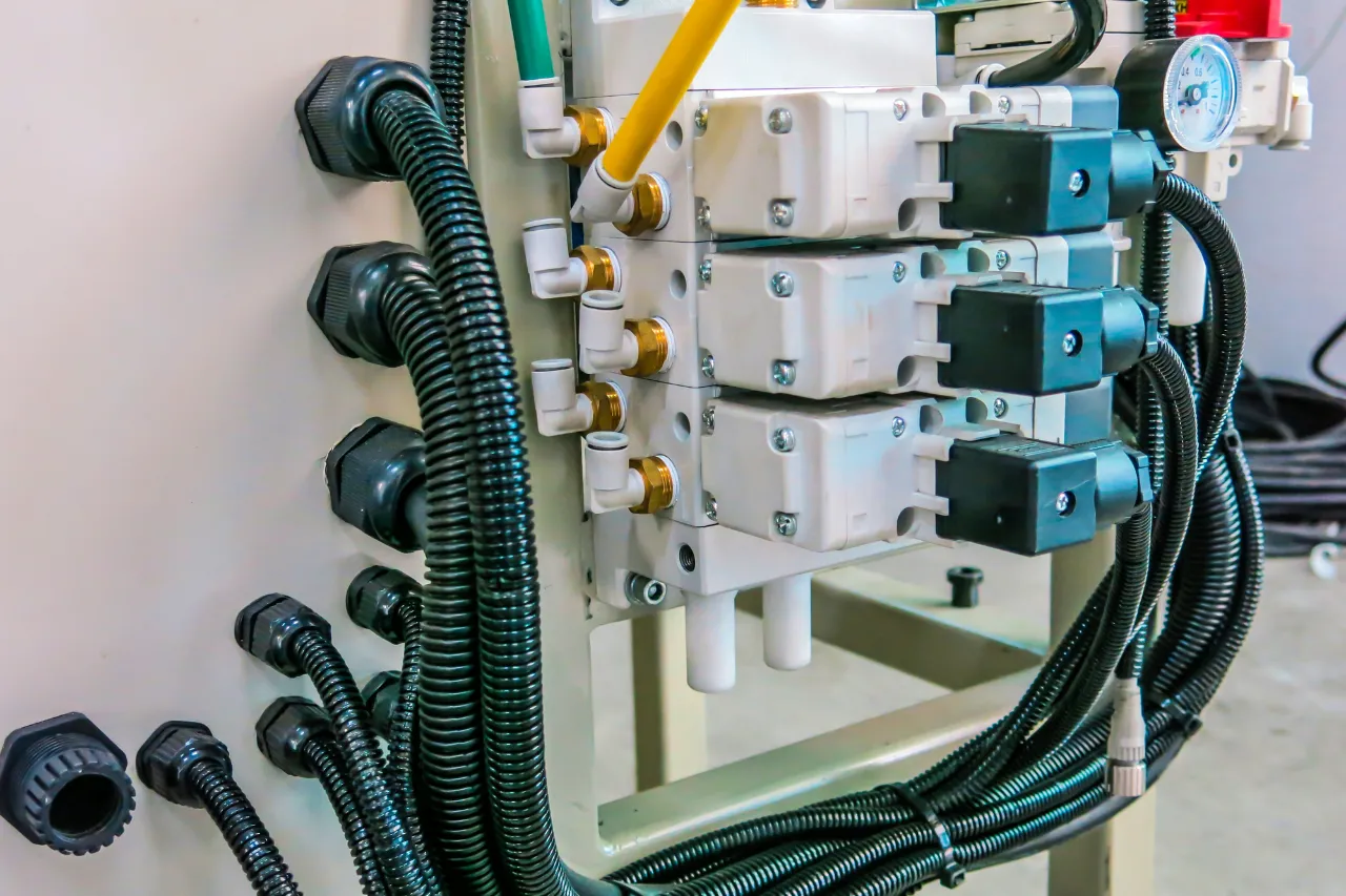 Elettrovalvole pneumatiche con tubi e manometro industriale