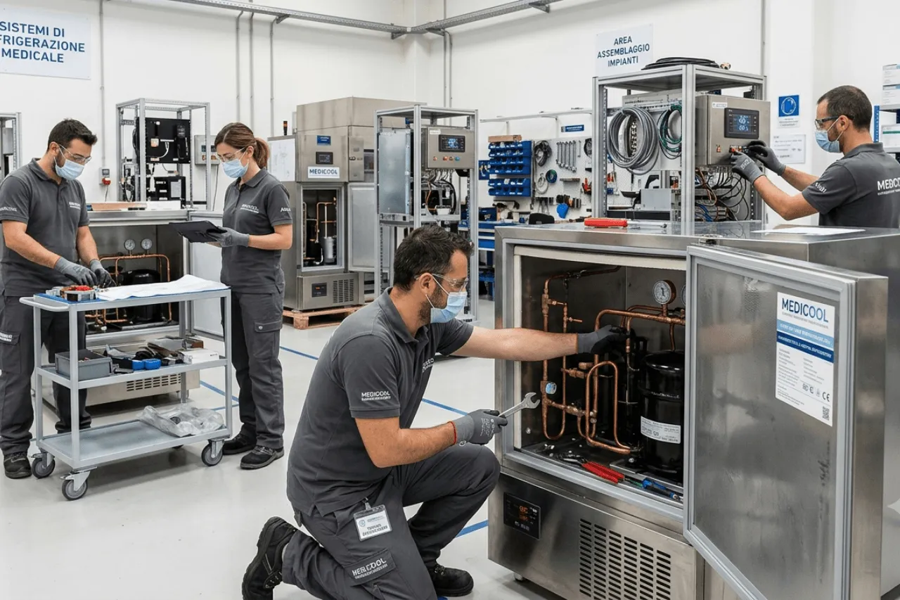 Tecnici assemblano sistemi di refrigerazione medicale in laboratorio