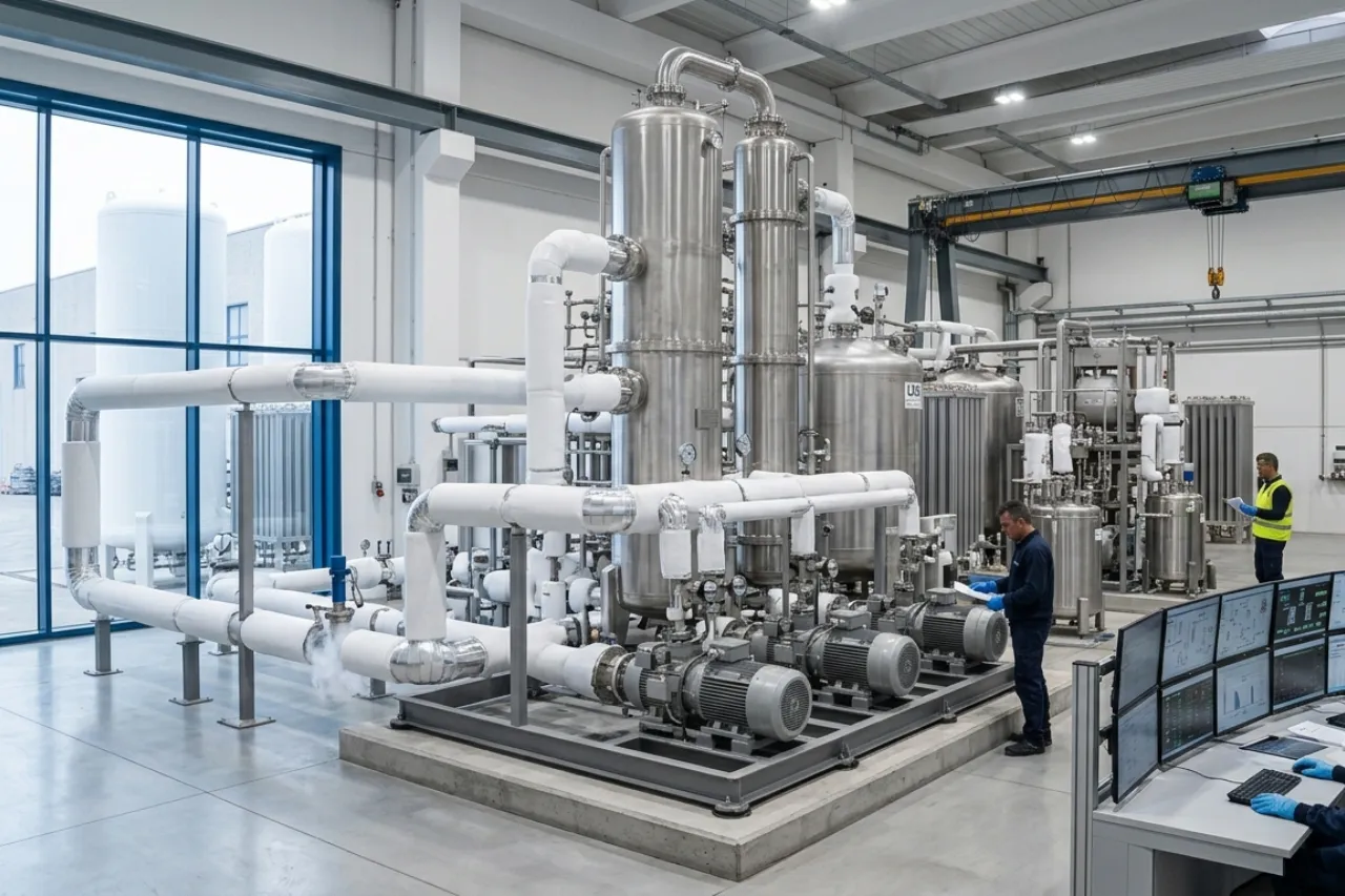 Impianto industriale con serbatoi e tubazioni in acciaio