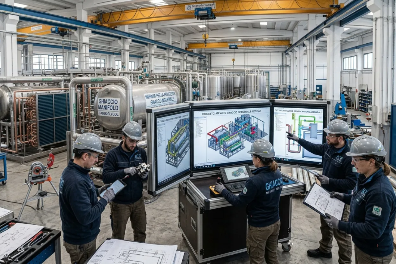 Tecnici in impianto industriale con schermi 3D