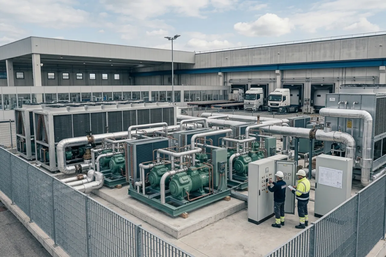 Impianto industriale con compressori e tecnici al lavoro