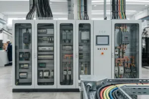 Quadri elettrici industriali con cablaggi e componenti interni