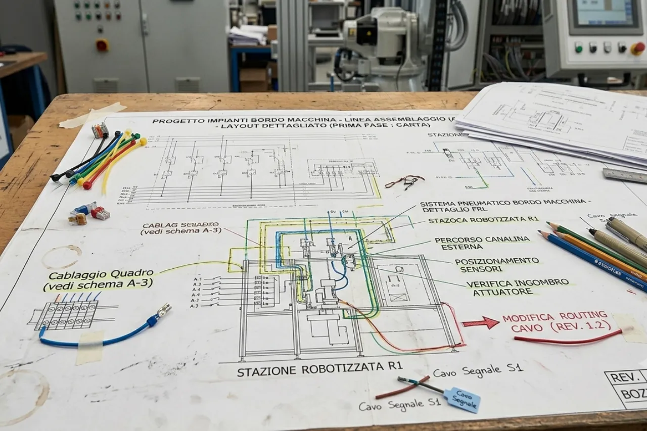 Schema tecnico impianto elettrico su banco lavoro