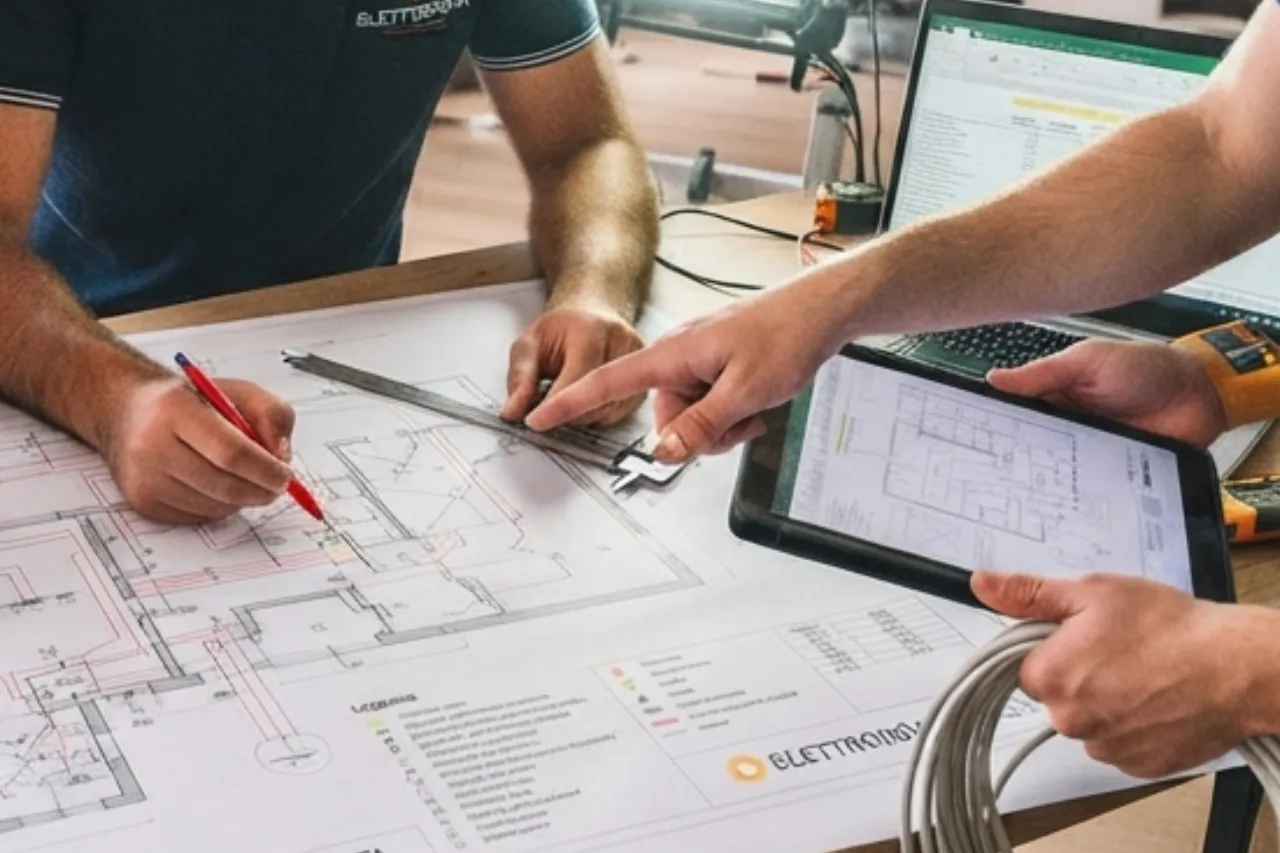 Tecnici esaminano progetto elettrico su tavolo