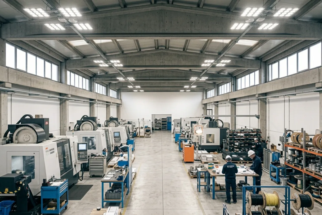 Officina industriale con macchine CNC e operai