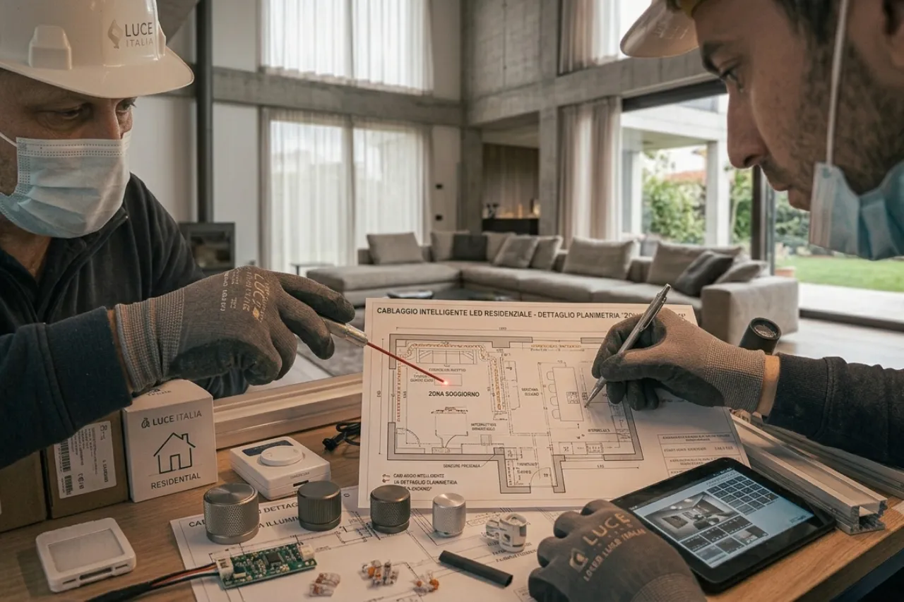 Tecnici esaminano planimetria impianto LED residenziale