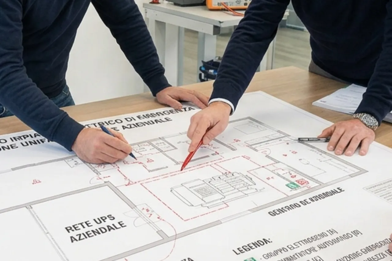 Tecnici analizzano planimetria di impianto elettrico aziendale