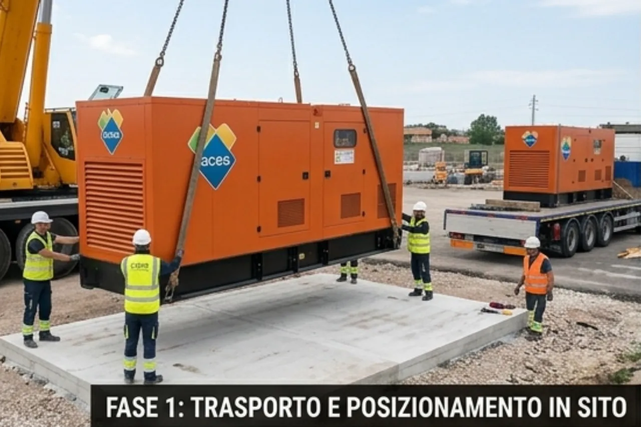 Posizionamento generatore industriale con gru in cantiere