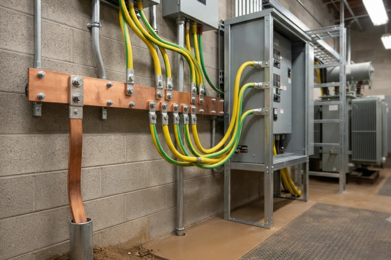 Impianto elettrico industriale con barra di rame e cavi
