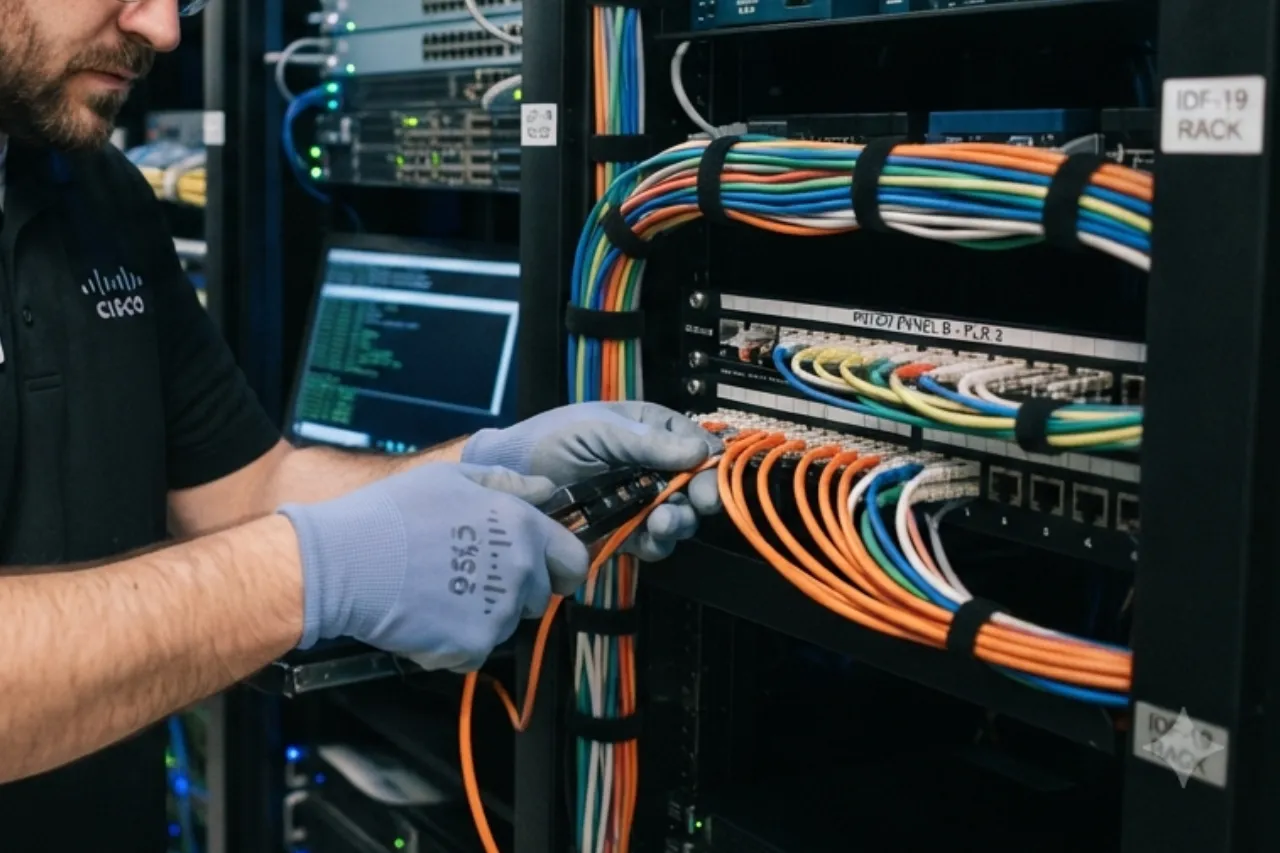 Tecnico collega cavi Ethernet in server rack