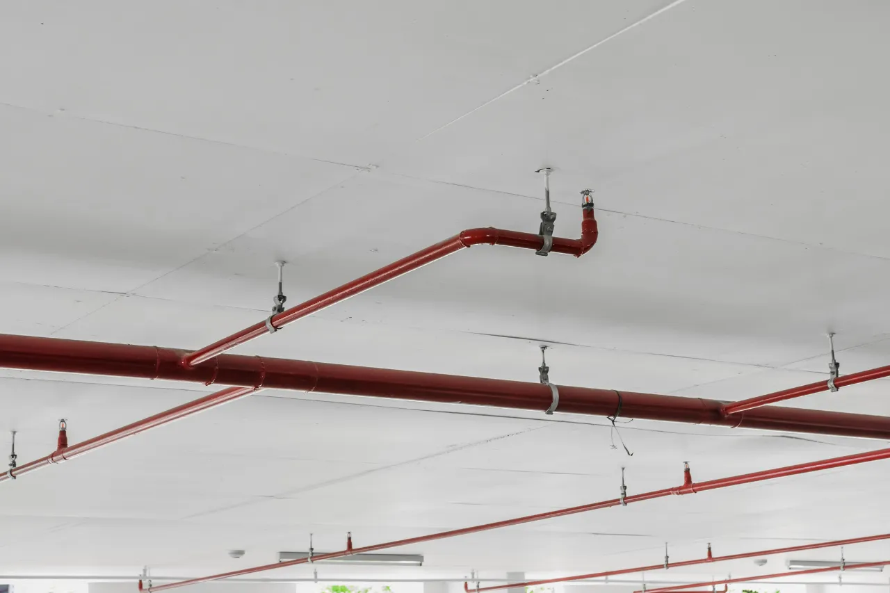 Tubi antincendio rossi installati sul soffitto di un garage