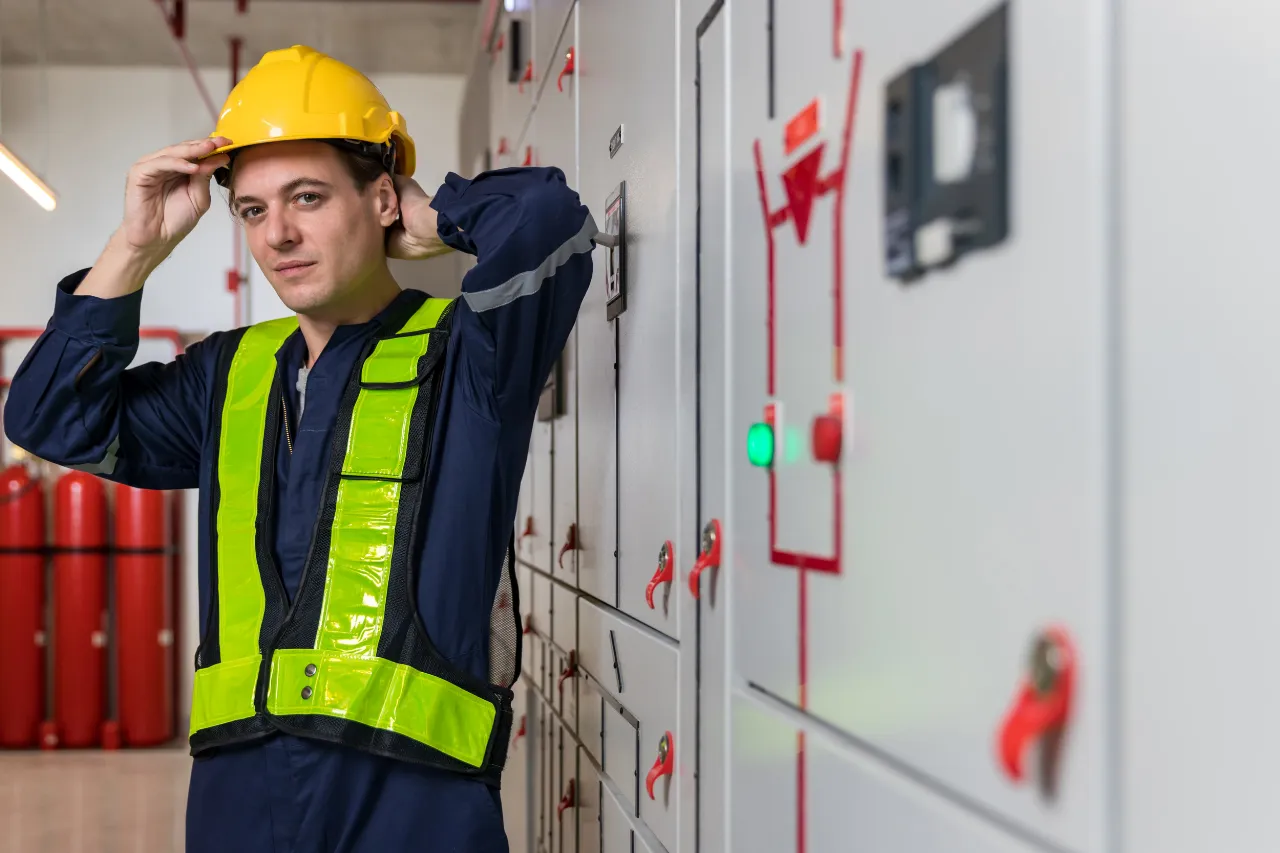 Tecnico con casco davanti a quadri elettrici industriali