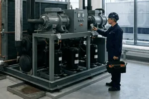 Tecnico controlla macchinari industriali in impianto