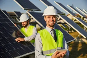 Tecnici controllano pannelli solari in un impianto fotovoltaico
