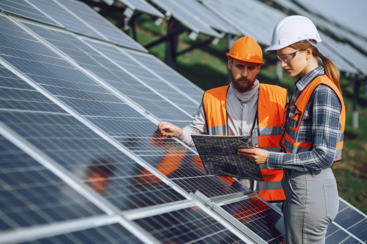 Tecnici controllano pannelli solari in un impianto fotovoltaico