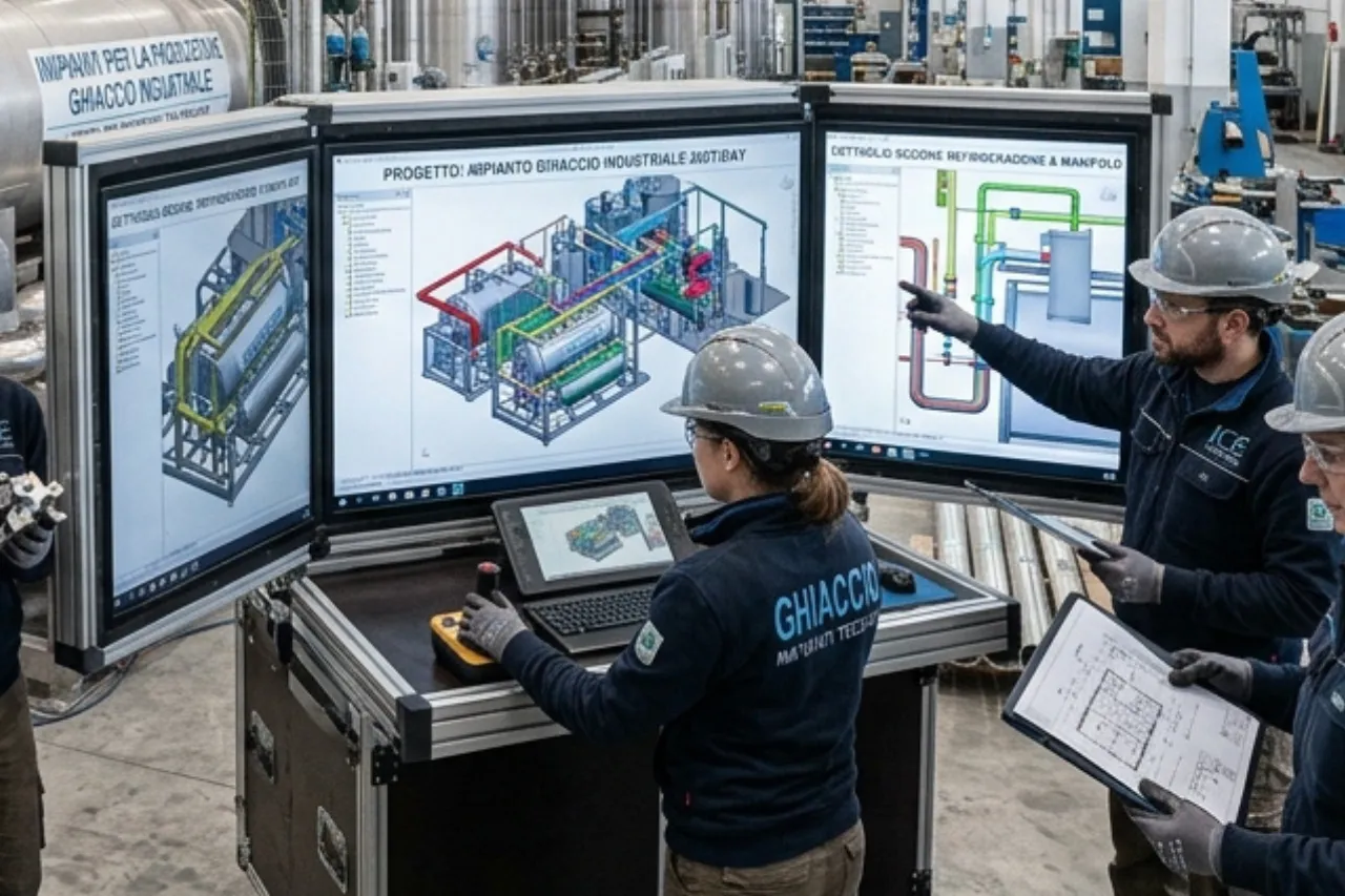 Ingegneri analizzano progetto impianto industriale su schermi