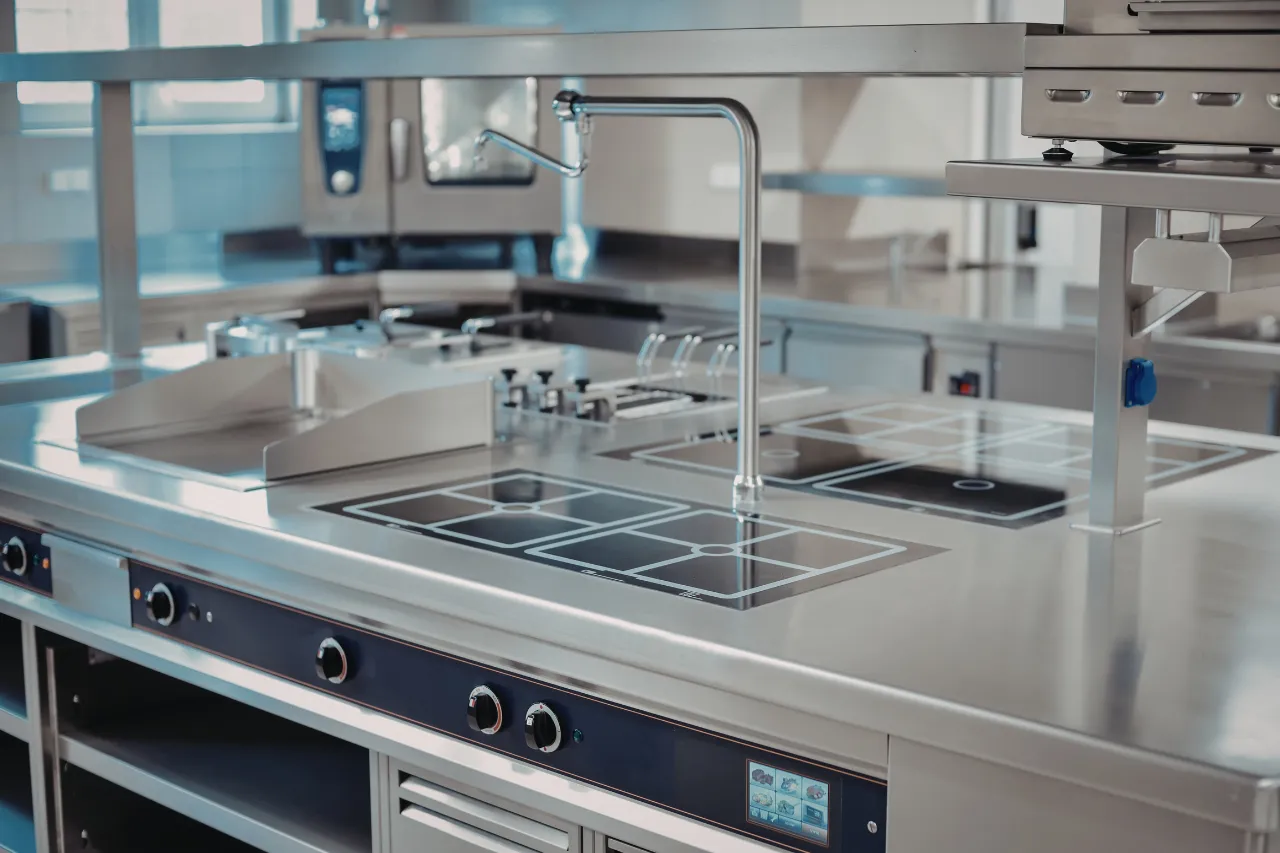 Cucina professionale in acciaio con piastre a induzione