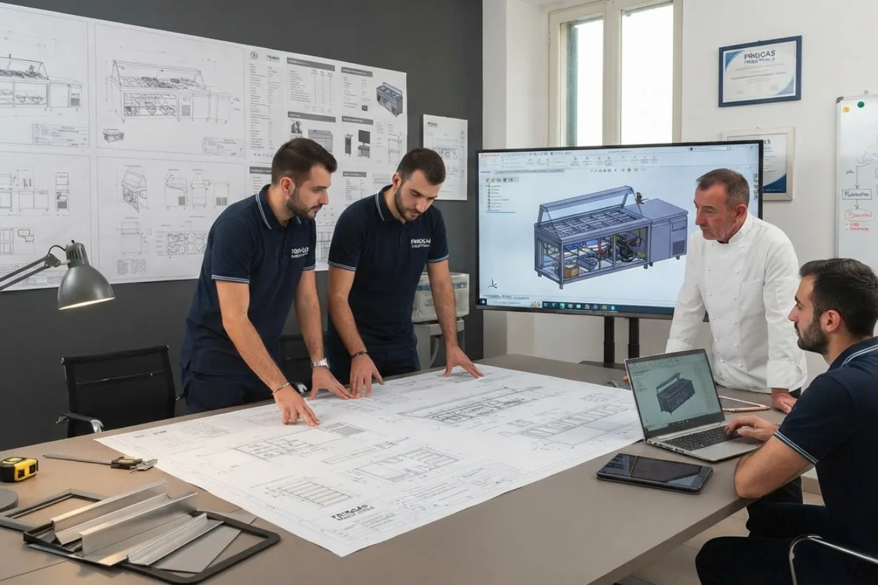 Team tecnico analizza progetto su grande tavolo