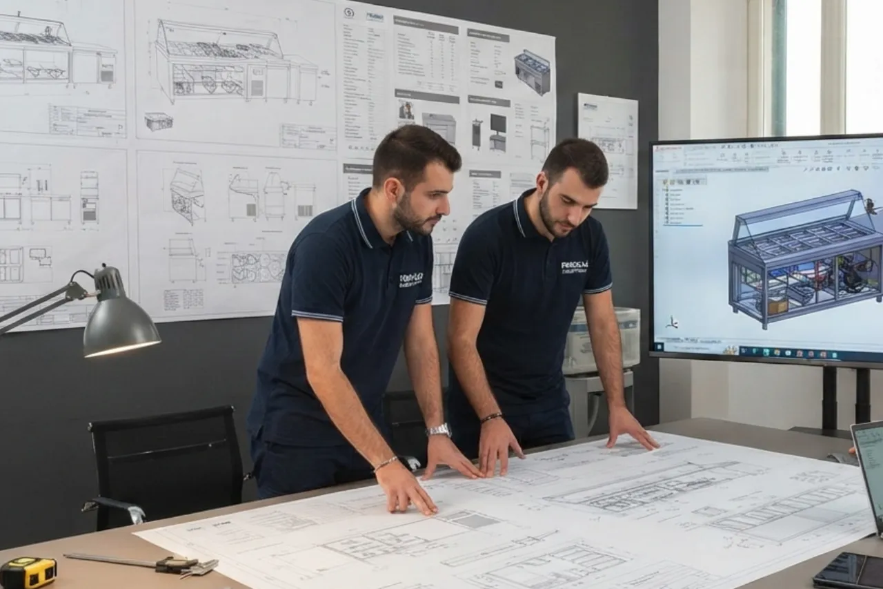 Due ingegneri analizzano progetti tecnici in ufficio