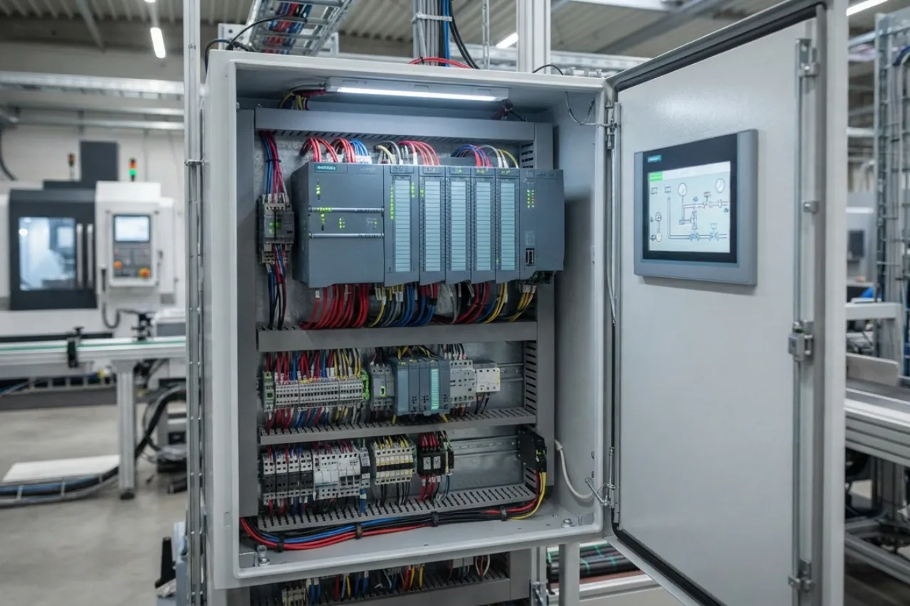 Quadro elettrico industriale con PLC e cablaggi