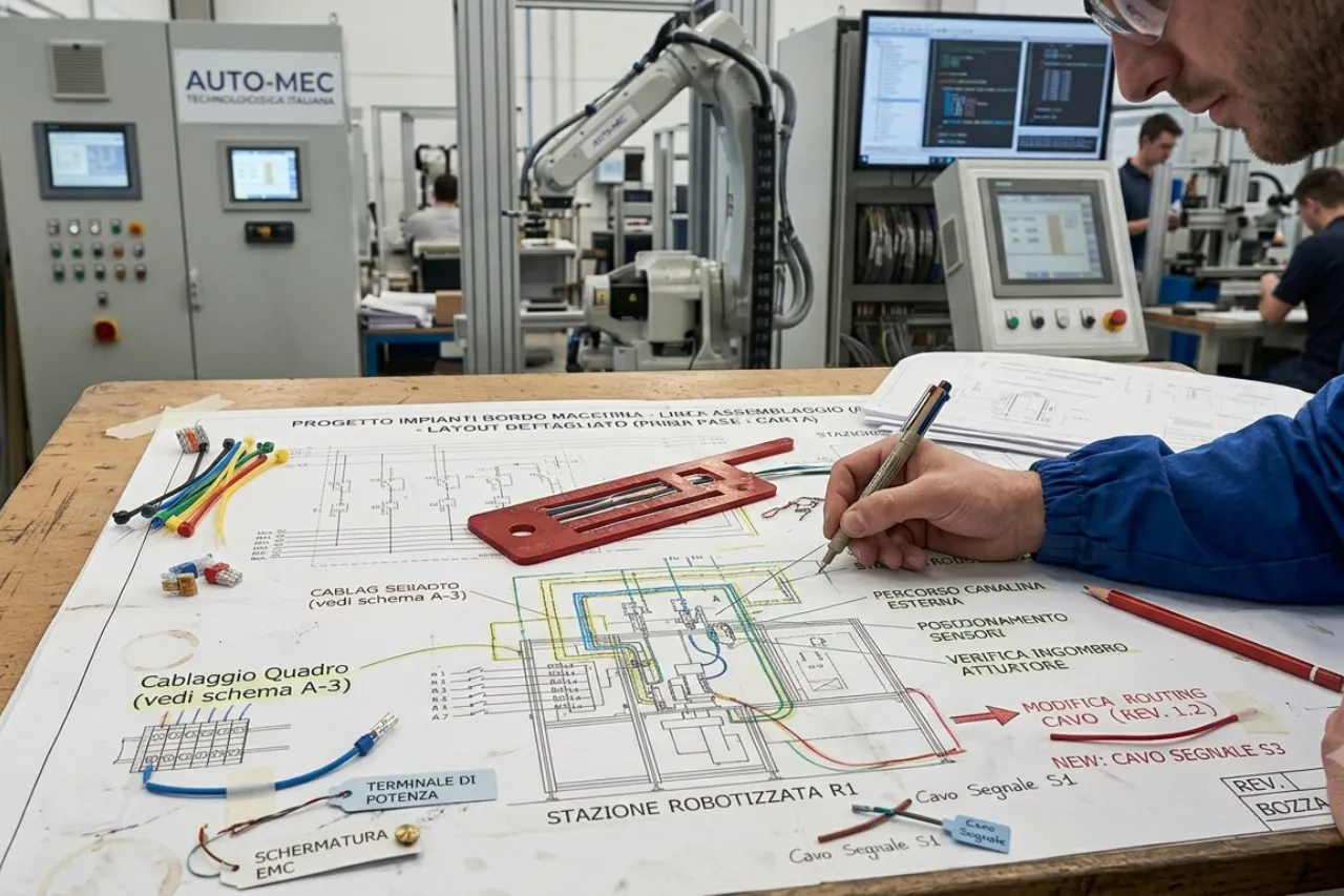 Ingegnere lavora su schema impianto robotizzato industriale