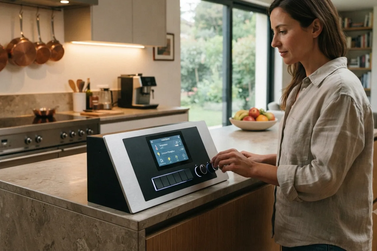 Donna usa pannello di controllo smart in cucina