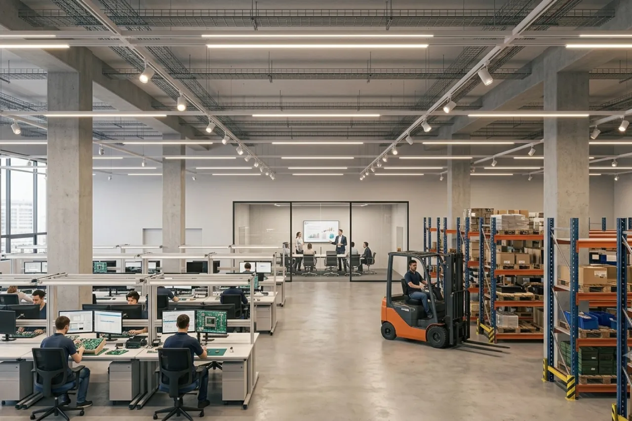 Ufficio open space con magazzino e carrello elevatore