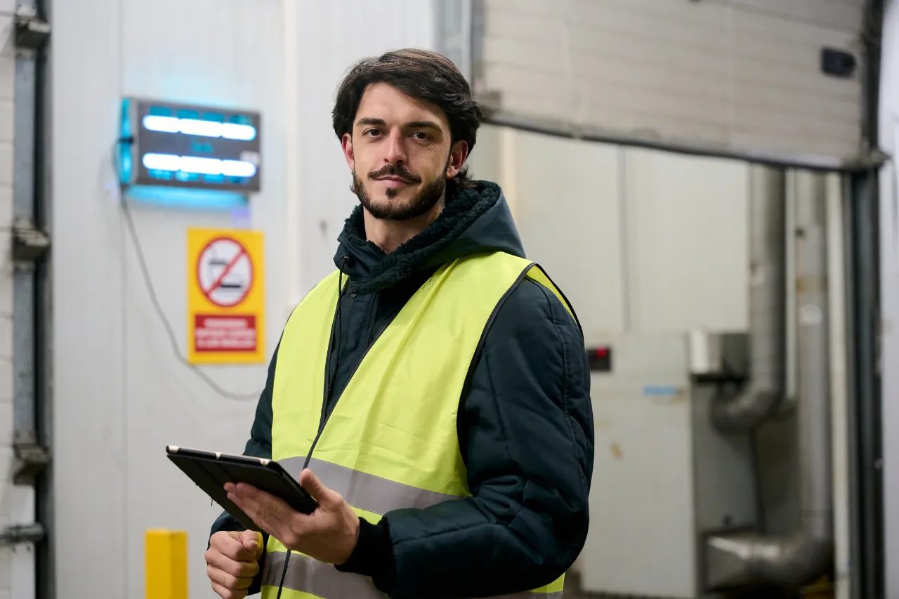 Addetto alla sicurezza con tablet in ambiente industriale
