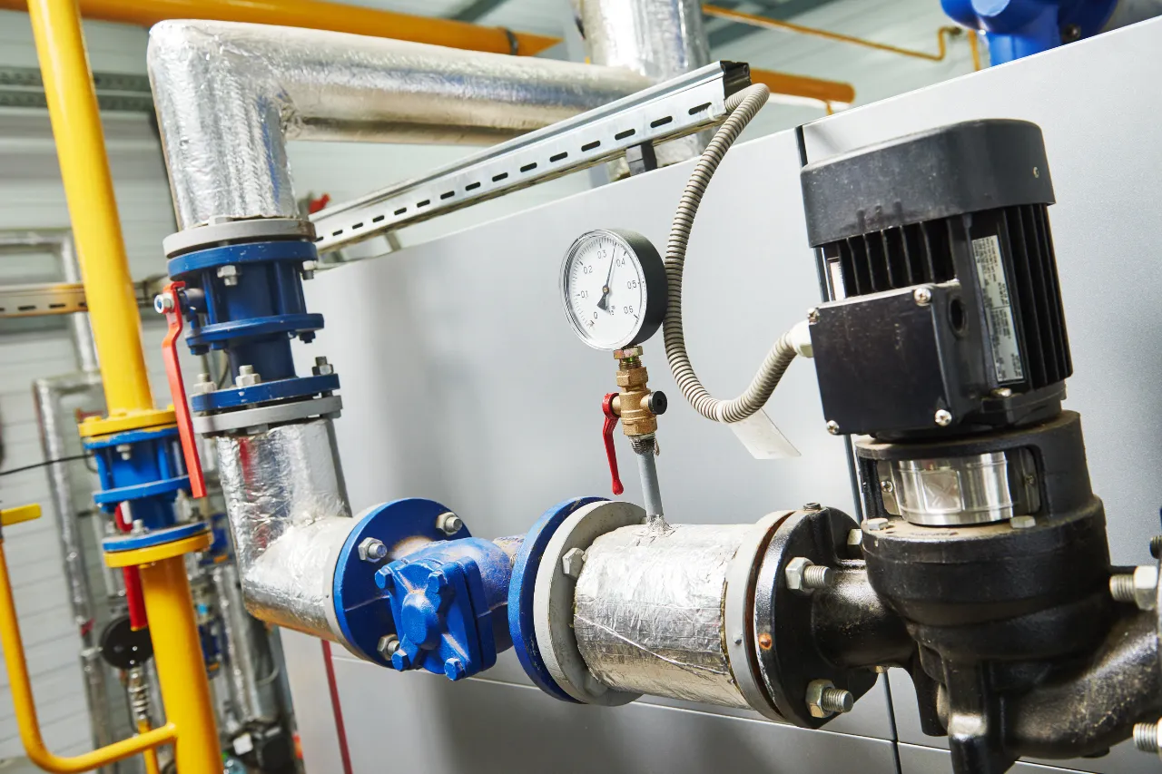 Pompa industriale con manometro, valvole e tubazioni isolate