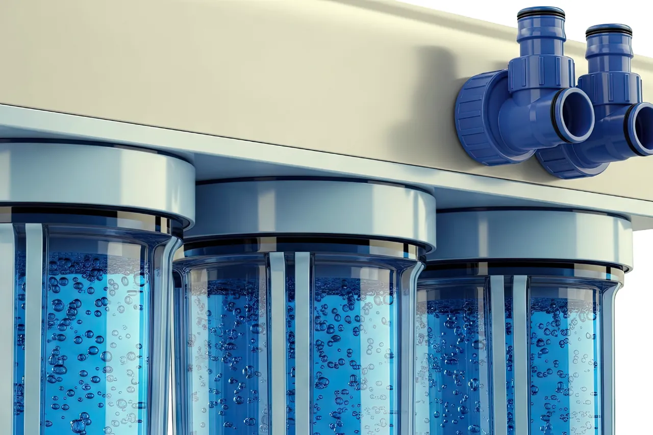 Filtri industriali per acqua con raccordi blu