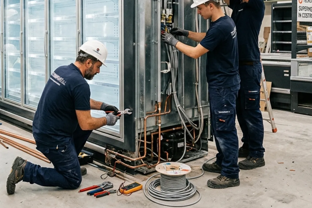 Tecnici riparano impianto frigorifero industriale