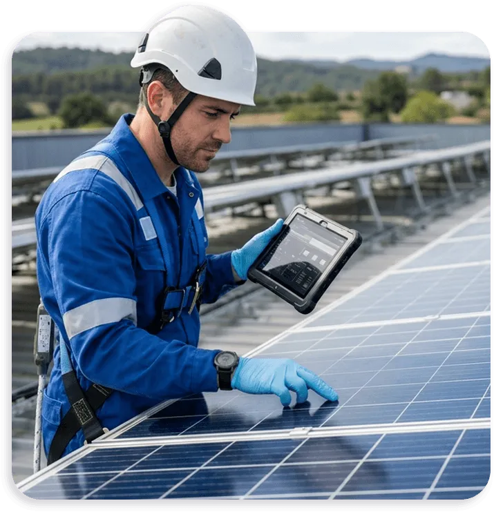 tecnico durante controllo impianto fotovoltaico con tablet in mano