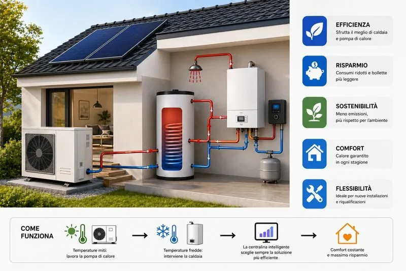 Sistema ibrido con caldaia a condensazione e pompa di calore per riscaldamento e raffrescamento efficienti